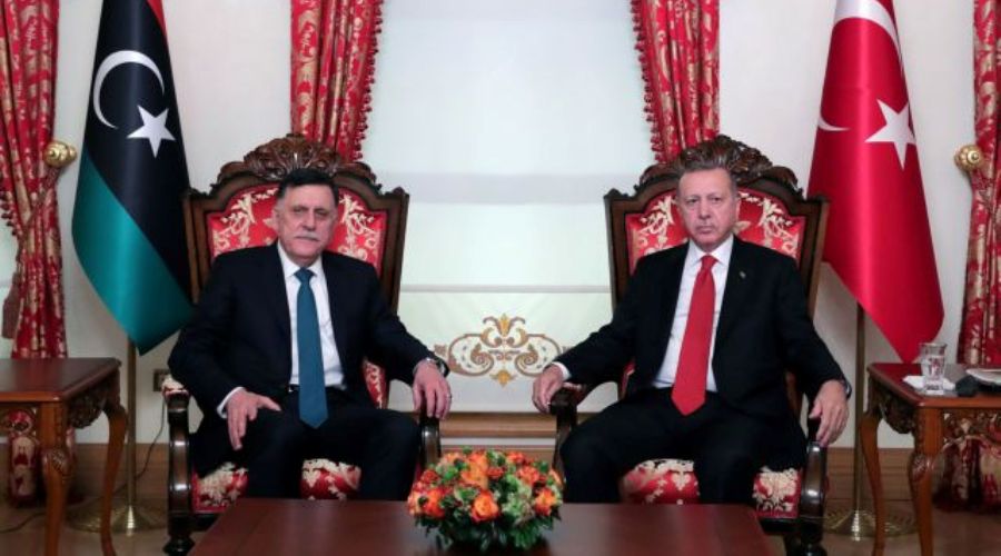 Turkish President Tayyip Erdogan meets with Libya's internationally recognised Prime Minister Fayez al-Sarraj in Istanbul, Turkey, November 27, 2019. Picture taken November 27, 2019. Presidential Press Office/Handout via REUTERS ATTENTION EDITORS - THIS PICTURE WAS PROVIDED BY A THIRD PARTY. NO RESALES. NO ARCHIVE