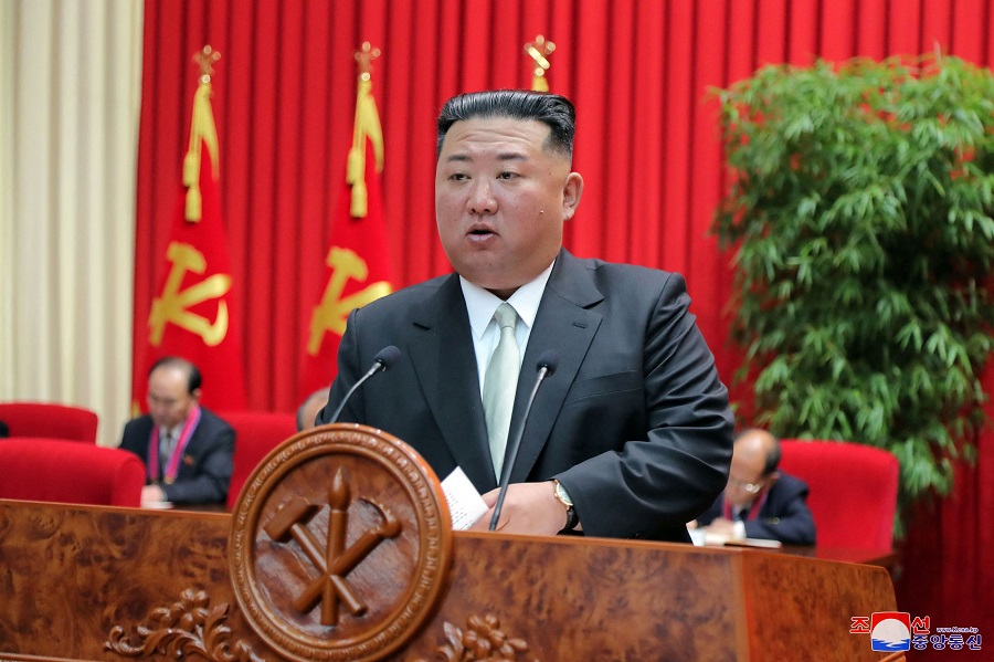 North Korean leader Kim Jong-un speaks during a visit to the Central Officers School of the ruling Workers' Party in Pyongyang, North Korea, in this undated photo released on October 18, 2022 by North Korea's Korean Central News Agency (KCNA).      KCNA via REUTERS    ATTENTION EDITORS - THIS IMAGE WAS PROVIDED BY A THIRD PARTY. REUTERS IS UNABLE TO INDEPENDENTLY VERIFY THIS IMAGE. NO THIRD PARTY SALES. SOUTH KOREA OUT. NO COMMERCIAL OR EDITORIAL SALES IN SOUTH KOREA.