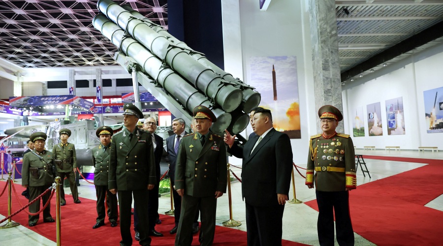 North Korean leader Kim Jong Un and Russia's Defense Minister Sergei Shoigu visit an exhibition of armed equipment on the occasion of the 70th anniversary of the Korean War armistice in this image released by North Korea's Korean Central News Agency on July 27, 2023.    KCNA via REUTERS