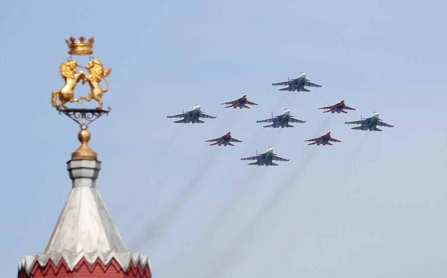 A group of Russian Mikoyan MiG-29 fighter jets and Russian Sukhoi SU-30SM multirole fighters fly during the Victory Day military parade general rehearsal in the Red Square in Moscow, Russia, 07 May 2022. The Victory Day military parade will take place 09 May 2022 in the Red Square to mark the victory of the Soviet Union over Nazi Germany in World War II.  EPA/MAXIM SHIPENKOV