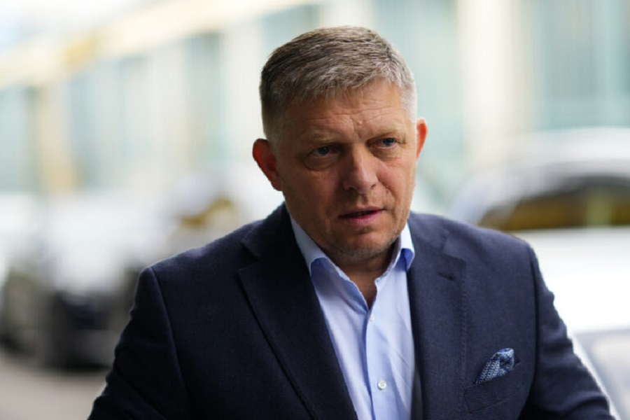 Chairman of SMER-Social Democracy party Robert Fico arrives at his party's headquarters day after an early parliamentary election in Bratislava, Slovakia, Sunday, Oct. 1, 2023. (AP Photo/Petr David Josek)