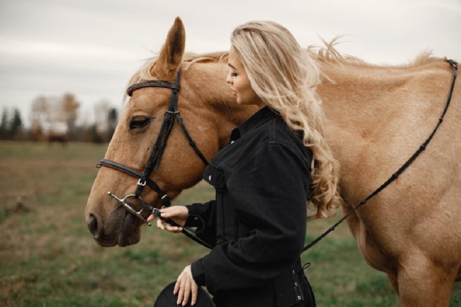 blonde-woman-brown-horse-standing-field-woman-wearing-black-clothes-woman-touching-horse-jpg