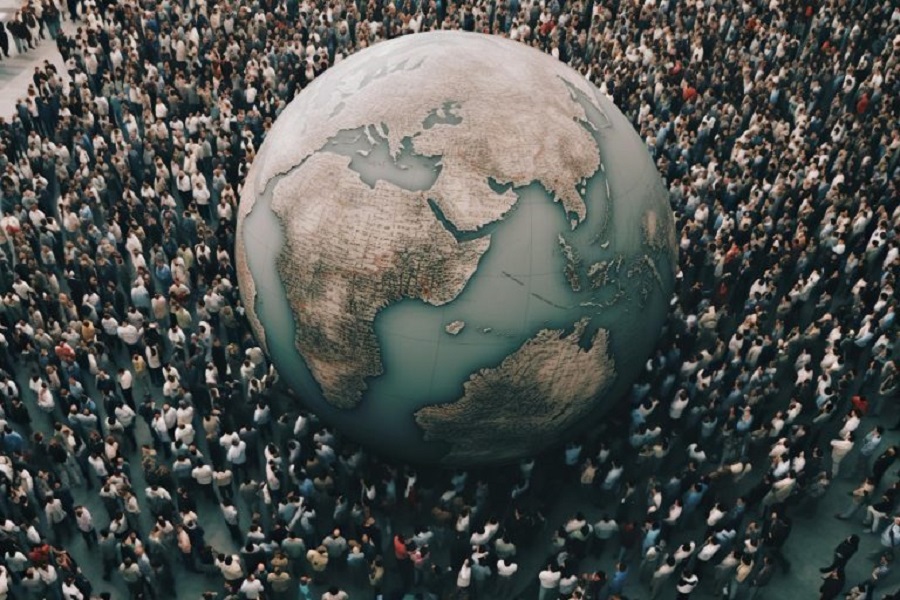 earth-globe-halfsubmerged-massive-crowd-people-stretching-all-directions-filling-everything-around-it-up-horizon-generative-ai-