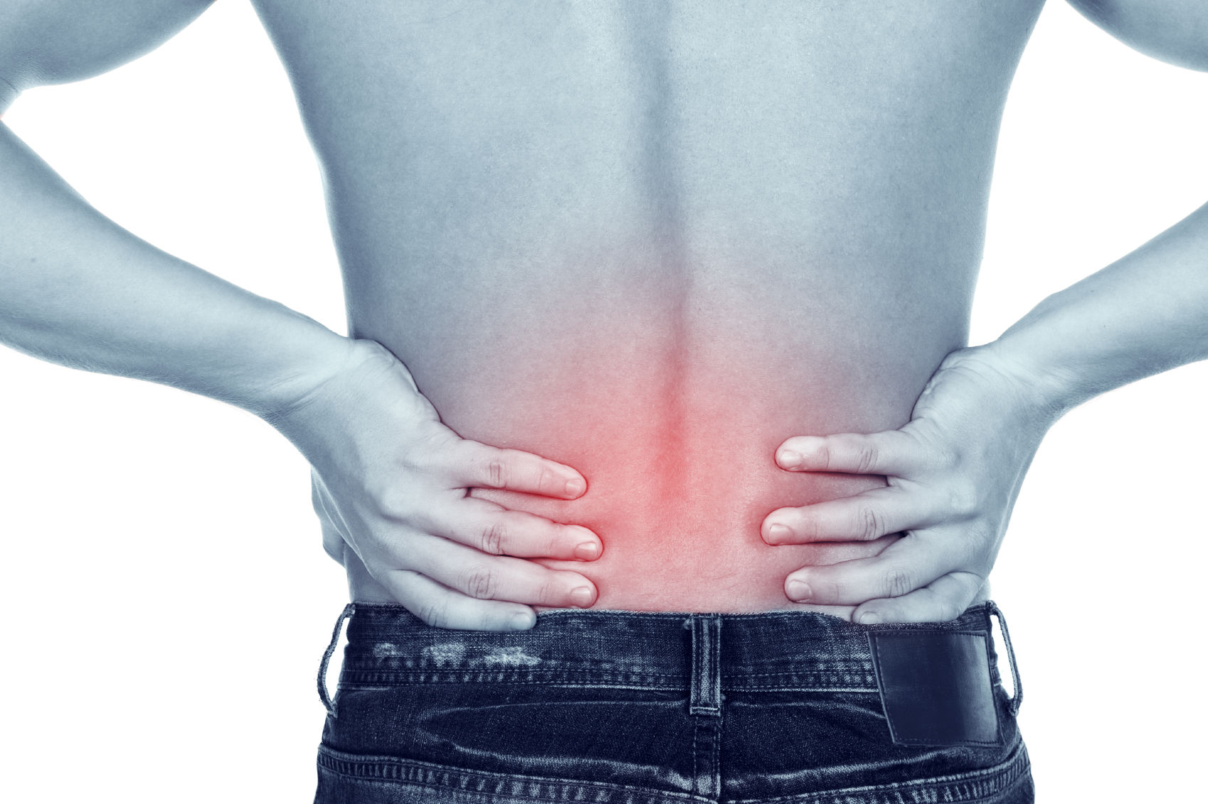 young man with a pain in a waist on a white background. Rear view of a young male