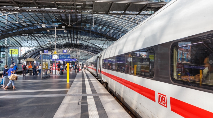 Berlin, Germany - August 20, 2020: ICE 4 high-speed train at Berlin main railway station Hauptbahnhof Hbf in Germany.