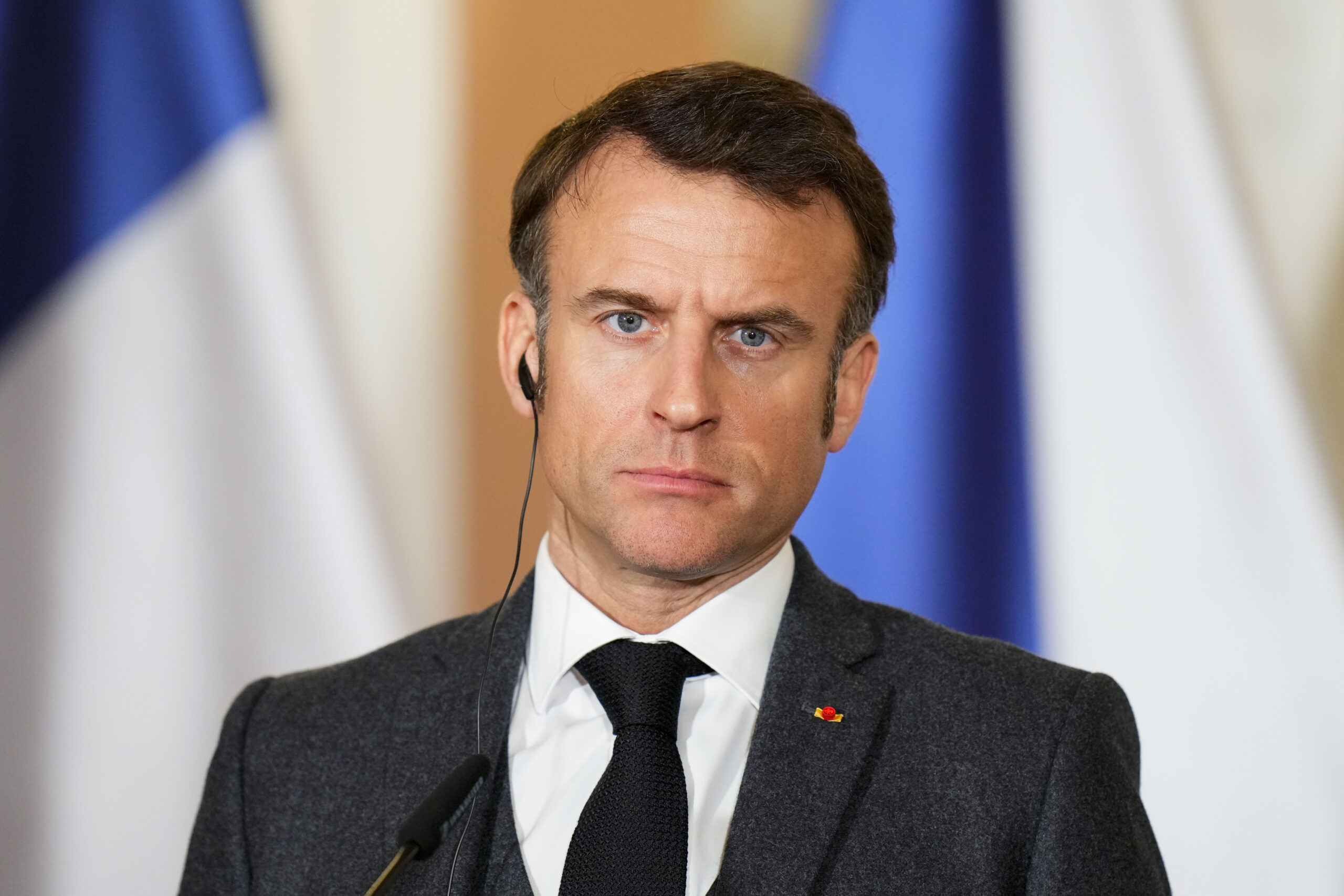 French President Emmanuel Macron listens Czech Republic's Prime Minister Petr Fiala during a joint statement in Prague, Czech Republic, Tuesday, March 5, 2024. Macron is on a one-day official visit to Czech Republic. (AP Photo/Petr David Josek)