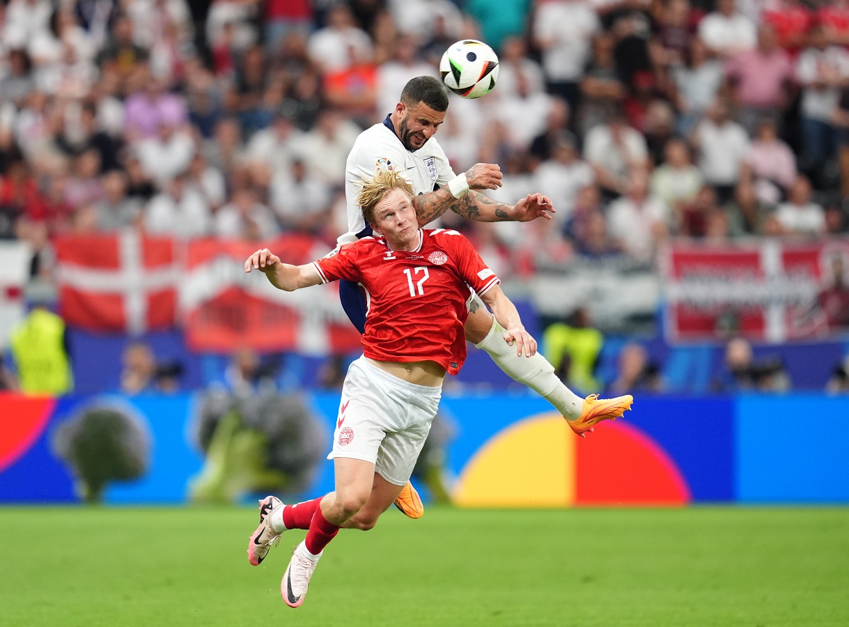 Denmark's Victor Kristiansen (left) and England's Kyle Walker battle for the ball during the UEFA Euro 2024 match at the Frankfurt Arena in Frankfurt, Germany. Picture date: Thursday June 20, 2024. (Photo by Adam Davy/PA Images via Getty Images)