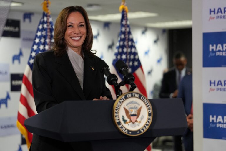 US Vice President and Democratic presidential candidate Kamala Harris speaks at her campaign headquarters in Wilmington, Delaware, on July 22, 2024. Harris on Monday compared her election rival Donald Trump to "predators" and "cheaters," as she attacked the first former US leader to be convicted of a crime. (Photo by Erin SCHAFF / POOL / AFP)