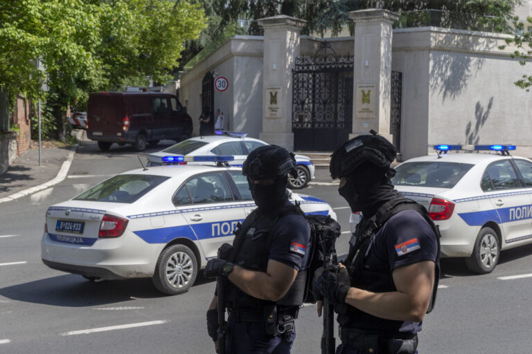 Police officers block off traffic at an intersection close to the Israeli embassy in Belgrade, Serbia, Saturday, June 29, 2024. An attacker with a crossbow has wounded a Serbian police officer guarding the Israeli Embassy in Belgrade. Serbia’s interior ministry says the officer responded by fatally shooting the assailant. (AP Photo/Marko Drobnjakovic)