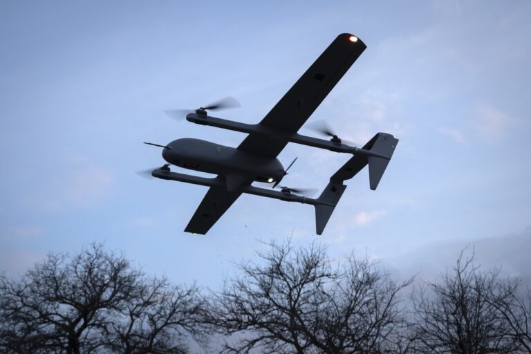 Poseidon H10 Middle-range UAV of Ukrainian 22nd Mechanised brigade flies at the front-line, near Bakhmut, Donetsk region, Ukraine,Tuesday, March 26, 2024. (AP Photo/Efrem Lukatsky)