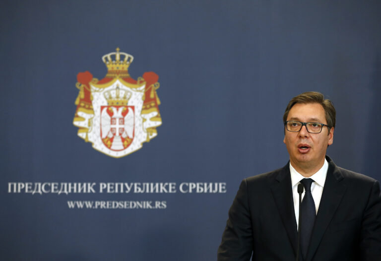 Serbian President Aleksandar Vucic speaks during a press conference after talks with his Austrian counterpart Alexander Van Der Bellen at the Serbia Palace in Belgrade, Serbia, Wednesday, Oct. 17, 2018. Van Der Bellen is on a one-day official visit to Serbia. (AP Photo/Darko Vojinovic)