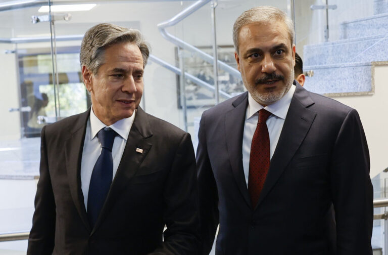 U.S. Secretary of State Antony Blinken, left, meets with Turkish Foreign Minister Hakan Fidan at the Ministry of Foreign Affairs in Ankara, Turkey, Monday Nov. 6, 2023. Blinken was wrapping up a grueling Middle East diplomatic tour on Monday in Turkey after only limited success in his furious efforts to forge a regional consensus on how best to ease civilian suffering in Gaza as Israel intensifies its war against Hamas. (Jonathan Ernst/Pool via AP)