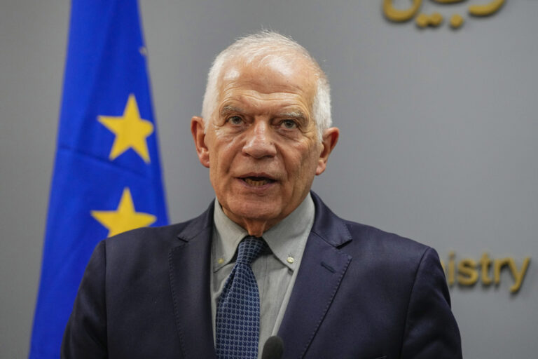 Lebanese Foreign Minister Abdallah Bouhabib, right, welcomes European Union foreign policy chief Josep Borrell before their press conference in Beirut, Lebanon, Saturday, Jan. 6, 2024. Borrell said Saturday during a visit to Beirut in an attempt to tamp down tensions on the Lebanon-Israel border that he aims to jumpstart a European-Arab initiative to revive a peace process that would result in a two-state solution to the Israeli-Palestinian conflict. (AP Photo/Hassan Ammar)