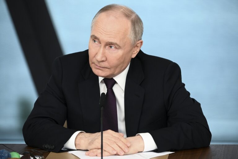 Russian President Vladimir Putin speaks to senior news leaders of international news agencies on the sidelines of the St. Petersburg International Economic Forum at the Lakhta Center skyscraper, the headquarters of Russian gas monopoly Gazprom in St. Petersburg, Russia, Wednesday, June 5, 2024. The Russian leader has used the annual forum as a showcase for touting Russia's development and seeking investors. (Vladimir Astapkovich, Sputnik, Kremlin Pool Photo via AP)