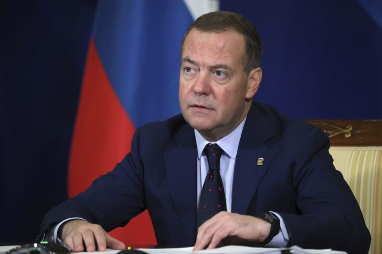 Russian Security Council Deputy Chairman and the head of the United Russia party Dmitry Medvedev attends a meeting on labour legislation improvement at the Gorki state residence outside Moscow, on Wednesday, July 10, 2024. (Ekaterina Shtukina, Sputnik Pool Photo via AP)