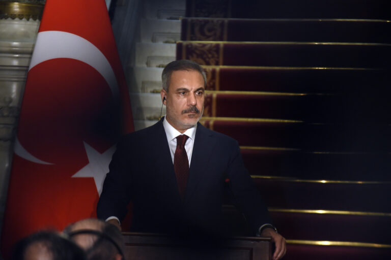 Turkish Foreign Minister Hakan Fidan speaks during a press conference after his meeting with his Egyptian counterpart Badr Abdelatty, at Tahrir Palace in Cairo, Egypt, Monday, Aug. 5, 2024. (AP Photo/Tarek Wajeh)