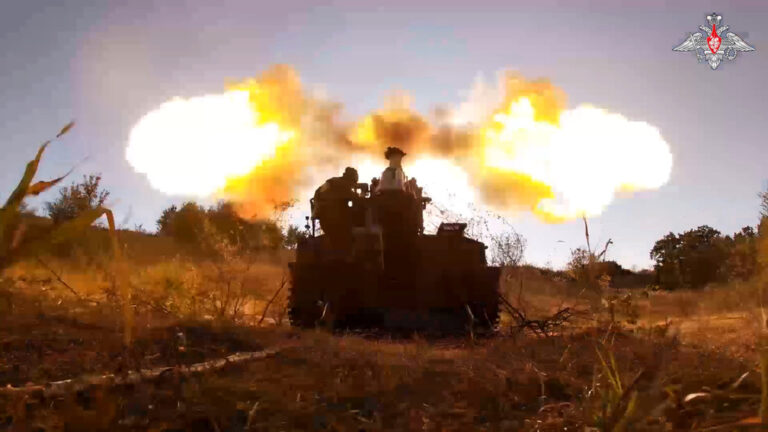 In this photo taken from video released by the Russian Defense Ministry on Sunday, Aug. 18, 2024, Russian soldiers fire Giatsint-S self-propelled gun towards Ukrainian positions at an undisclosed location in the Russian - Ukrainian border area in ​​the Kursk region, Russia. (Russian Defense Ministry Press Service photo via AP)