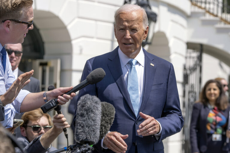 President Joe Biden speaks with the press as he prepares to board Marine One on the South Lawn of the White House, Thursday, Aug. 15, 2024, in Washington, for a short trip to Prince George's County, Md. (AP Photo/Mark Schiefelbein)