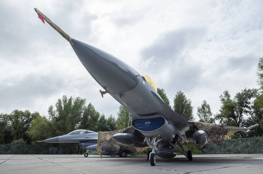 epa11525685 A handout picture made available by the Presidential Press Service shows American single-engine supersonic multirole fighter F-16 jets during a ceremony to mark Air Force Day of the Armed Forces of Ukraine at an undisclosed location in Ukraine, 04 August 2024, amid the Russian invasion.  EPA/PRESIDENTIAL PRESS SERVICE HANDOUT  HANDOUT EDITORIAL USE ONLY/NO SALESHANDOUT EDITORIAL USE ONLY/NO SALES