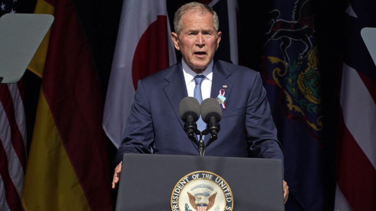 FILE - Former President George W. Bush speaks at the Flight 93 National Memorial in Shanksville, Pa., Saturday, Sept. 11, 2021, on the 20th anniversary of the Sept. 11, 2001 attacks. On Friday, Jan. 26, 2024,  The Associated Press reported on stories circulating online incorrectly claiming a photo shows Bush meeting with Osama Bin Laden. (AP Photo/Gene J. Puskar, File)