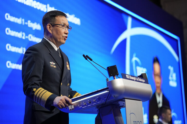 China's Defense Minister Dong Jun speaks during the 21st Shangri-La Dialogue summit at the Shangri-La Hotel in Singapore, Sunday, June 2, 2024. (AP Photo/Vincent Thian)