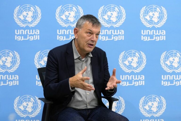 FILE - The Commissioner-General of the U.N. agency for Palestinian refugees, Philippe Lazzarini, speaks during an interview with The Associated Press at the UNRWA headquarters in Beirut, Lebanon, Wednesday, Dec. 6, 2023.The head of the main United Nations agency supporting people in Gaza alleges that Israel is intent on “destroying” it along with the idea that Palestinians are refugees and have a right one day to return home. Philippe Lazzarini in an interview with a Swiss newspaper accuses Israel of having a “long-term political goal” of eliminating the agency created decades ago to assist Palestinians who fled during the war over Israel’s creation.  (AP Photo/Bilal Hussein, File)