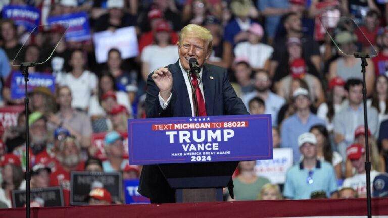 Republican presidential candidate former President Donald Trump speaks at a campaign rally, Saturday, July 20, 2024, in Grand Rapids, Mich. (AP Photo/Evan Vucci)