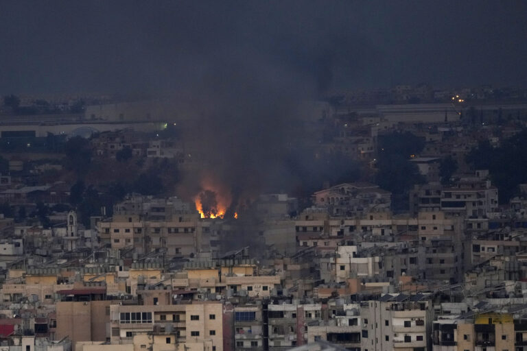 Flame and smoke rise from Israeli airstrikes hit a residential area that is a Hezbollah stronghold, in the southern suburbs of Beirut, Lebanon, Saturday, Sept. 28, 2024. (AP Photo/Hussein Malla)