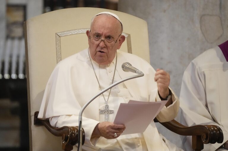 Pope Francis delivers his message during a Vespers service inside the Saint Mary Major to mark the anniversary of the Basilica and the celebration of the Virgin of the snow in Rome, Monday, Aug. 5, 2024. (AP Photo/Gregorio Borgia)