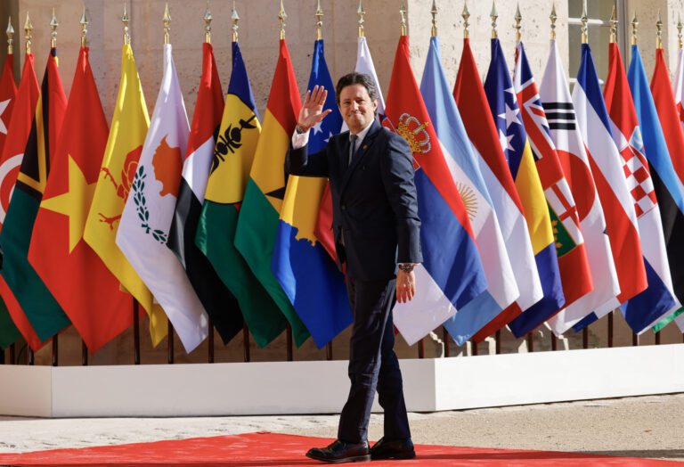 Lebanon's Minister of Information Ziad Makary waves as he arrives to attend the 19th Summit of the Francophonie at the "Cite internationale de la langue francaise" in the castle of Villers-Cotterets, north-eastern France, on October 4, 2024. French President Emmanuel Macron hosts dozens of leaders of French-speaking countries for a summit he hopes will help boost French influence in a world beset by crises, in particular Africa. The leaders will gather from Ocotber 4 to 5 for the "Francophonie" summit, the first time the event has been held in France for 33 years. (Photo by Ludovic MARIN / AFP)