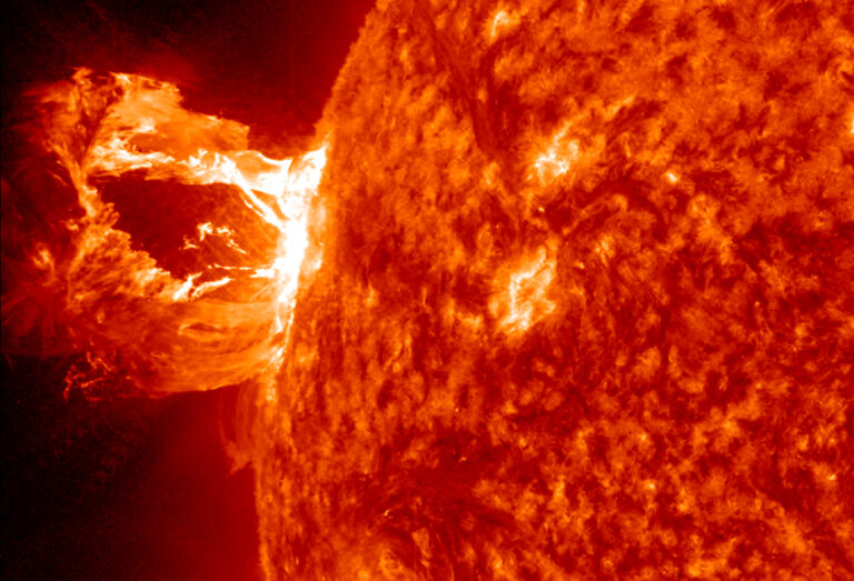 This image provided by NASA shows the sun releasing a M1.7 class flare associated with a prominence eruption on April, 16, 2012. This image was taken by the Solar Dynamics Observatory. This visually spectacular explosion occurred on the sun's Northeastern limb (left) and was not Earth directed. (AP Photo/NASA/SDO/AIA)