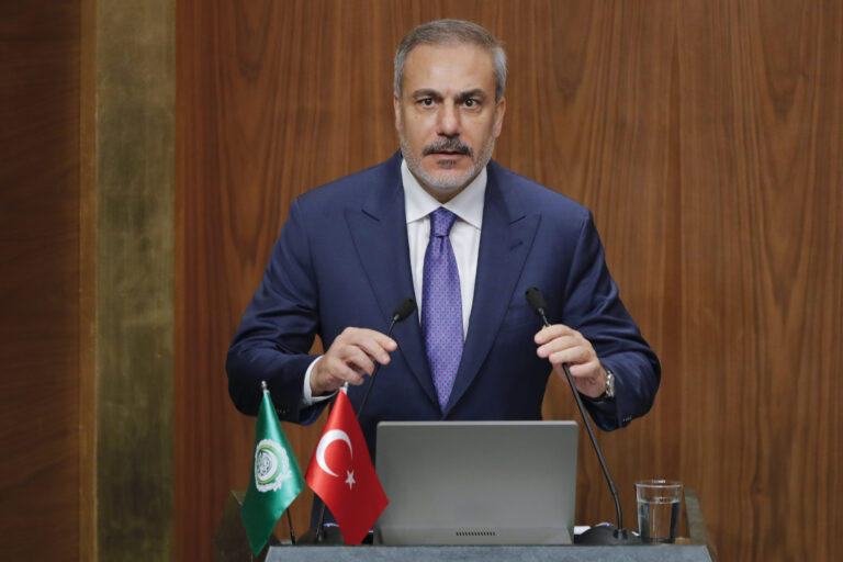 Turkish Foreign Minister Hakan Fidan speaks during the Arab foreign minsters meeting at the Arab League headquarters in Cairo, Egypt, Tuesday, Sept. 10, 2024. (AP Photo/Amr Nabil)