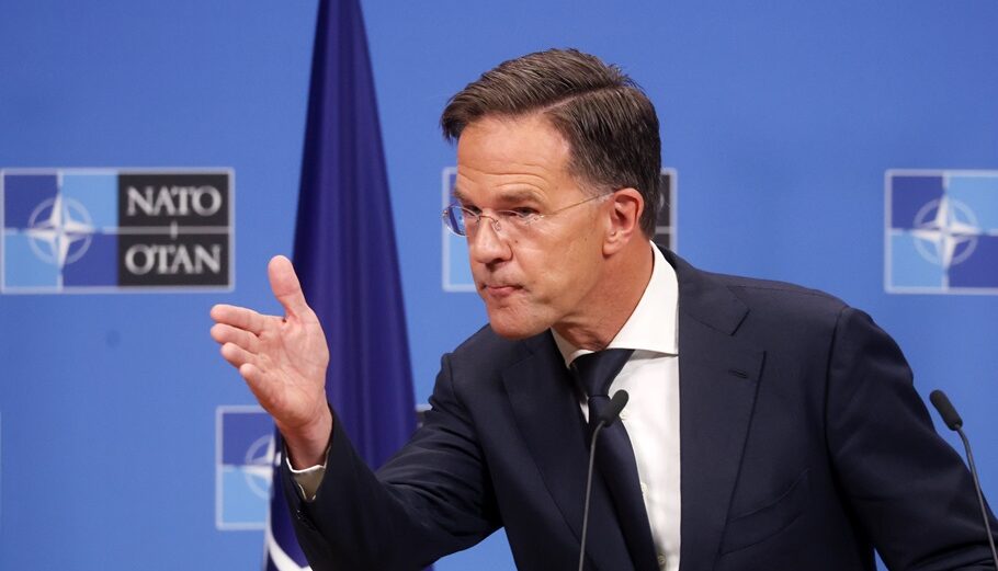 epa11634958 New NATO Secretary General Mark Rutte gestures as he gives his first press conference after he succeeds Jens Stoltenberg as NATO Secretary General, at the Alliance headquarters in Brussels, Belgium, 01 October 2024. Former Dutch Prime Minister Mark Rutte succeeds Jens Stoltenberg as Secretary General of the North Atlantic Treaty Organization (NATO) on 01 October 2024 after the latter's ten years at the helm of the Alliance.  EPA/OLIVIER HOSLET