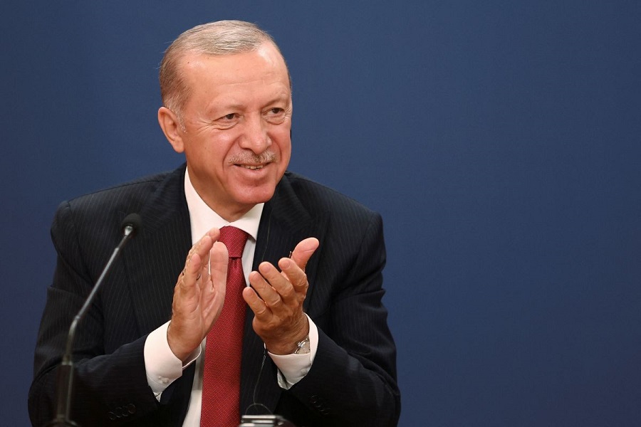 Turkish President Tayyip Erdogan attends a press conference with Serbian President Aleksandar Vucic in Belgrade, Serbia, October 11, 2024. REUTERS/Zorana Jevtic