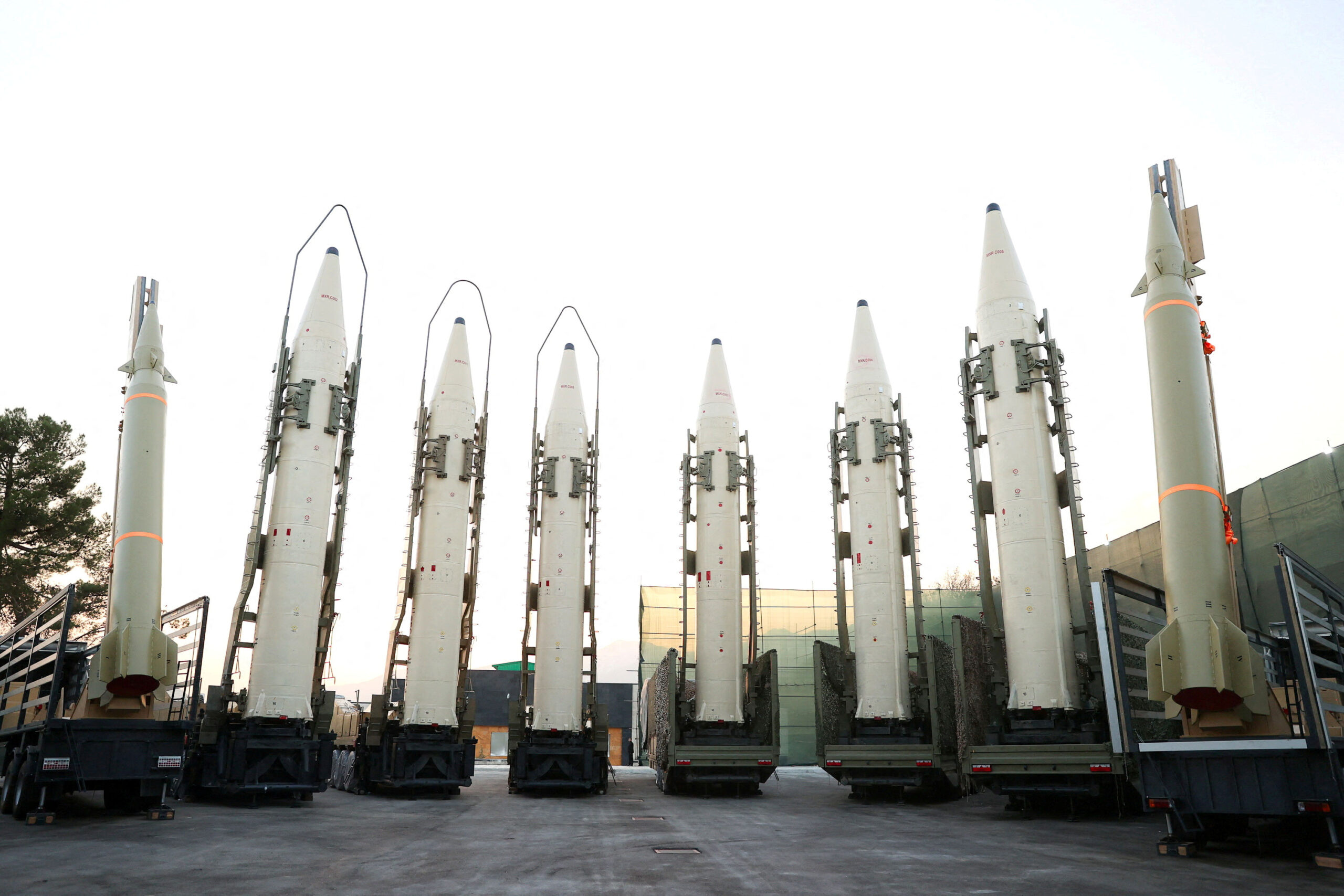 FILE PHOTO: Iranian ballistic missiles are displayed during the ceremony of joining the Armed Forces, in Tehran, Iran, August 22, 2023. Iran's Presidency/WANA (West Asia News Agency)/Handout via REUTERS ATTENTION EDITORS - THIS PICTURE WAS PROVIDED BY A THIRD PARTY./File Photo