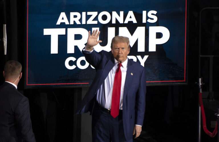 (FILES) Former US President and Republican presidential candidate Donald Trump waves as he leaves after speaking during a campaign event at the Tucson Music Hall in Tucson, Arizona, September 12, 2024. Donald Trump won the state of Arizona in this week's US presidential election, US TV networks projected on November 9, 2024, completing the Republican's sweep of all seven swing states. (Photo by Rebecca NOBLE / AFP)