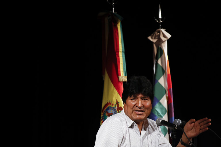 Bolivia's former President Evo Morales gives a press conference in Buenos Aires, Argentina, Thursday, Dec. 19, 2019. Morales resigned on Nov. 10 after a wave of protests alleging fraud in elections that would have given him a fourth term in office. Now living in Argentina, Morales says his removal was a coup d' etat following the loss of support by police and military. (AP Photo/Natacha Pisarenko)