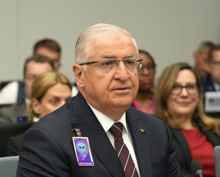 Turkey's Defense Minister Yasar Guler attends a meeting of the Ukraine Defense Contact Group at NATO headquarters in Brussels, Thursday, June 15, 2023. NATO defense ministers are holding two days of meetings to discuss their support for Ukraine and ways to boost the defenses of eastern flank allies near Russia. A meeting of the Ukraine Contact Group is being held to drum up more military aid for the war-torn country. (AP Photo/Virginia Mayo)