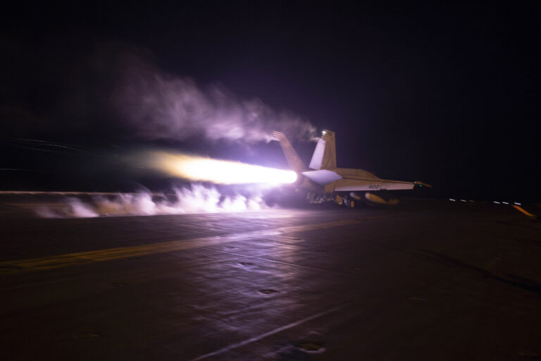 This image provided by the U.S. Navy shows an aircraft launching from USS Dwight D. Eisenhower (CVN 69) during flight operations in the Red Sea, Jan. 22, 2024. The U.S. and British militaries bombed multiple targets in eight locations used by the Iranian-backed Houthis in Yemen on Monday night, the second time the two allies have conducted coordinated retaliatory strikes on an array of the rebels' missile-launching capabilities. (Kaitlin Watt/U.S. Navy via AP)