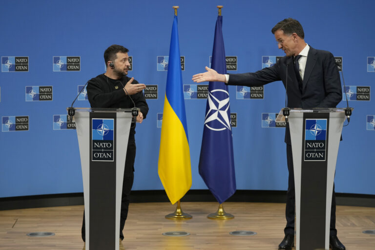 NATO Secretary General Mark Rutte, right, and Ukraine's President Volodymyr Zelenskyy participate in a media conference during a meeting of NATO defense ministers at NATO headquarters in Brussels, Thursday, Oct. 17, 2024. (AP Photo/Virginia Mayo)