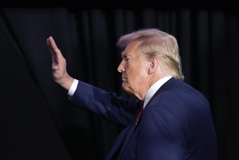 Republican presidential nominee former President Donald Trump waves at a campaign rally at Greensboro Coliseum, Tuesday, Oct. 22, 2024, in Greensboro, N.C. (AP Photo/Alex Brandon)