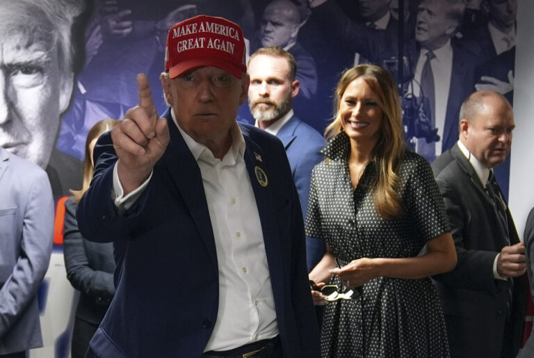 Republican presidential nominee former President Donald Trump visits his campaign headquarters, Tuesday, Nov. 5, 2024, in West Palm Beach, Fla. (AP Photo/Evan Vucci)