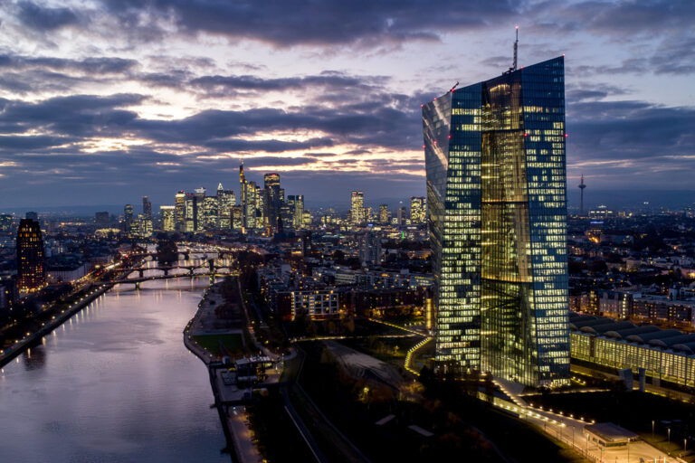 The European Central Bank, right, and the buildings of the banking district are pictured in Frankfurt, Germany, Tuesday, Nov. 12, 2024. (AP Photo/Michael Probst)