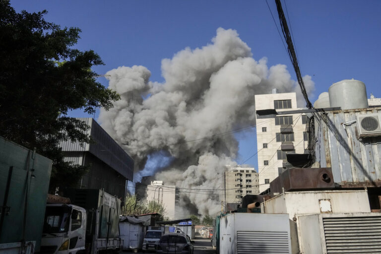 Smoke rises from a building that collapsed following an Israeli airstrike in Chiyah, south of Beirut, Lebanon, Sunday, Nov. 17, 2024. (AP Photo/Bilal Hussein)