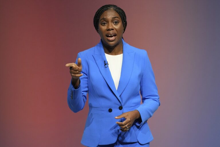 Conservative leadership candidate Kemi Badenoch addresses members during the Conservative Party Conference at the International Convention Centre in Birmingham, England, Wednesday, Oct. 2, 2024.(AP Photo/Kin Cheung)