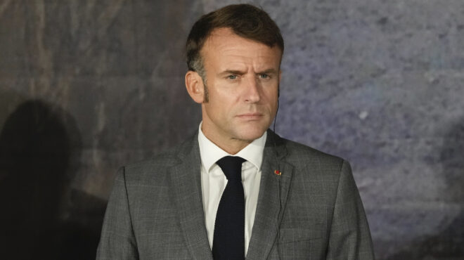 French President Emmanuel Macron, listens during a news press conference in Paphos ,Cyprus, on Friday, Oct 11, 2024 as the leaders of nine southern European Union member countries and Jordan are meeting to come up with ways of de-escalating the conflict in the Middle East (AP Photo/Petros Karadjias)