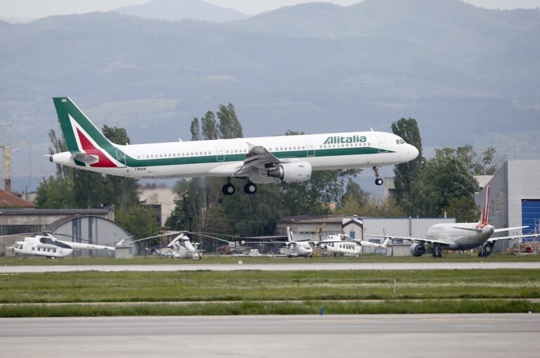 FILE - In this photo taken on Sunday, May 5, 2019, an Alitalia plane takes off from Sofia airport, Bulgaria. (AP Photo/Darko Vojinovic, File)