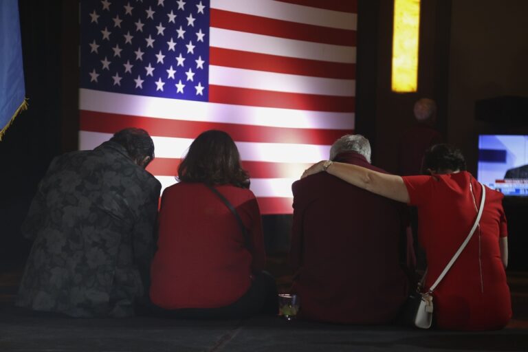 Supporters watch results during an election night watch party for Sam Brown, Republican candidate for the U.S. Senate, Tuesday, Nov. 5, 2024, in Las Vegas, Nev. (AP Photo/Ian Maule)