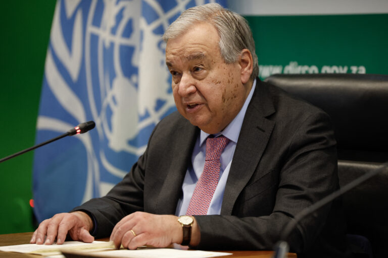 United Nations Secretary-General Antonio Guterres conducts a joint press conference with South African Minister of International Relations and Cooperation Ronald Lamola (unseen) following their meeting in Pretoria on December 11, 2024. (Photo by Phill Magakoe / AFP)