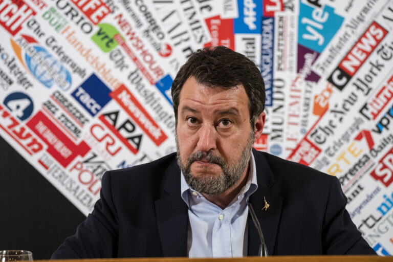 Italian Infrastructure Minister Matteo Salvini speaks during a press conference at the Foreign Press Club in Rome, Tuesday, April 4, 2023. Salvini addressed questions, among others, about the role of Italy in the migration crisis in the Mediterranean Sea, and about the multi-billion euros project to build a bridge over the Messina strait between Sicily and Calabria in southern Italy. (AP Photo/Domenico Stinellis)